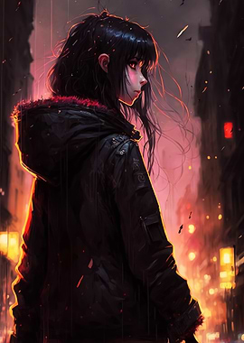 Anime Girl in Cityscape at Night