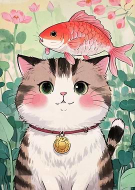 Cat with Goldfish Hat Illustration