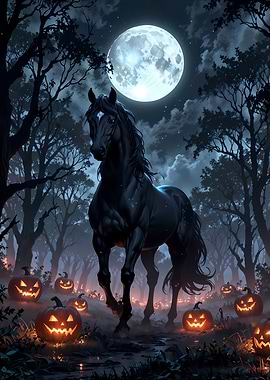 Halloween Night Horse and Pumpkins