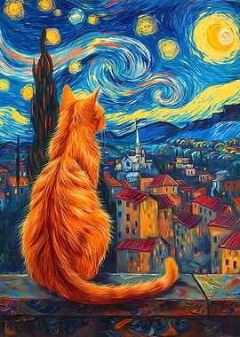 Cat gazing at Starry Night cityscape