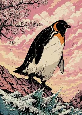 Penguin on Cliff Ocean with Cherry Blossoms Japanese Art