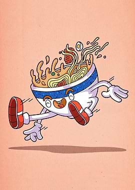 Running Ramen Bowl Cartoon Illustration