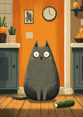 Cartoon Cat with Cucumber in Kitchen