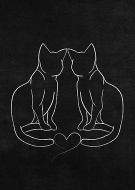 Two Cats with Heart Line Art