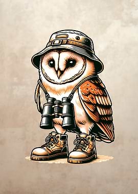 Adventurous Owl with Binoculars and Boots
