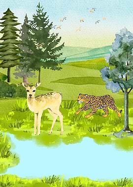 Deer and Leopard in Watercolor Landscape
