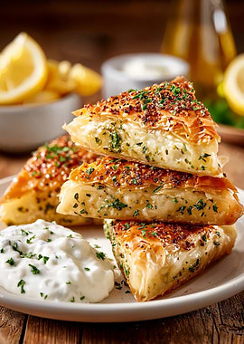 Delicious Spanakopita Stack with Tzatziki Sauce