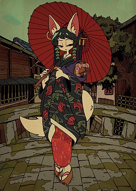 Fox Girl in Kimono with Umbrella