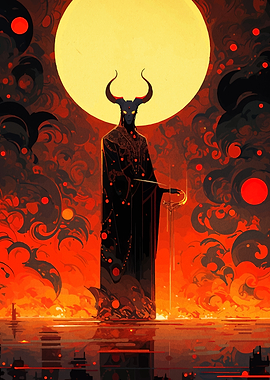 Horned Figure with Sword in Fiery Landscape