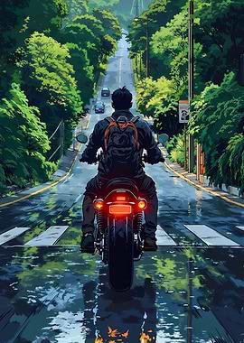 Motorcycle ride on a rainy road