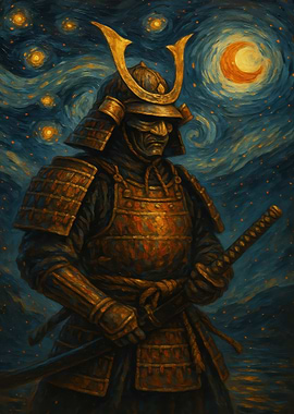 Samurai Warrior in Starry Night Style