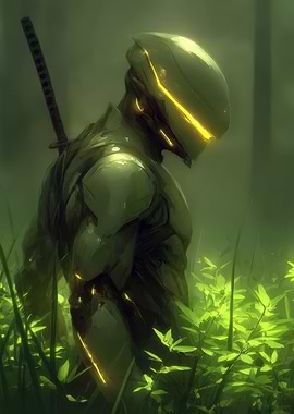 Cyberpunk Warrior in Green Forest
