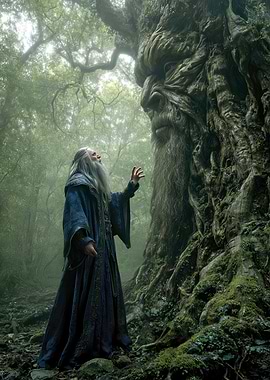 Wizard and the Tree Spirit in Forest