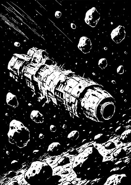 Spaceship in Asteroid Field Illustration