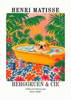 Henri Matisse style dog in bathtub