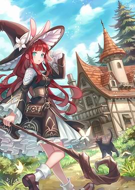 Anime Witch Girl with Black Cat