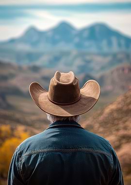 Cowboy gazing at mountains