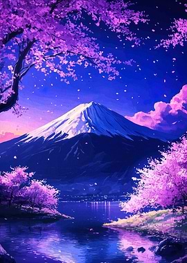 Mount Fuji Cherry Blossom Anime Landscape