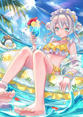 Anime Girl Summer Beach Drink