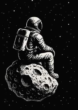 Astronaut Sitting on Asteroid in Space
