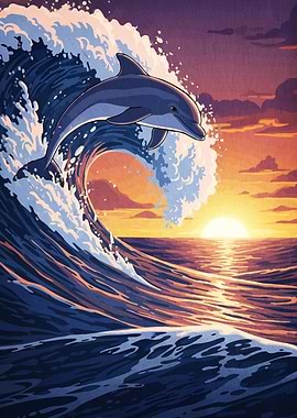 Dolphin wave sunset