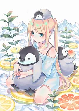 Anime Girl with Penguins and Citrus