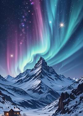 Aurora Borealis over Snowy Mountains