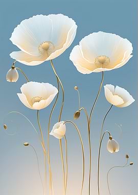Elegant White Poppies on Blue Background
