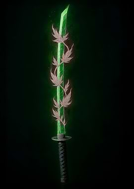 Glowing Green Katana with Floral Embellishments