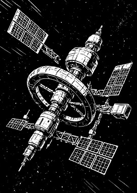 Monochrome Space Station Illustration Art