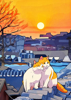 Cats in Cityscape at Sunset