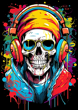 Skull with Headphones and Colorful Splatters