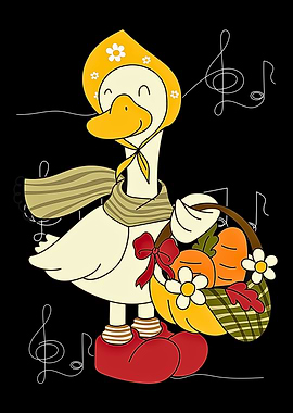 Cartoon Goose with Basket and Music Notes