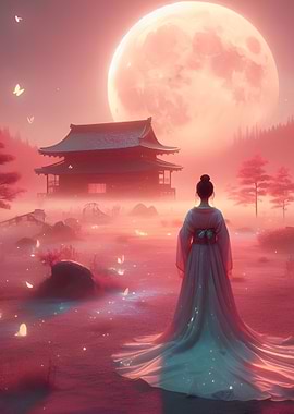 Japanese landscape with woman and moon
