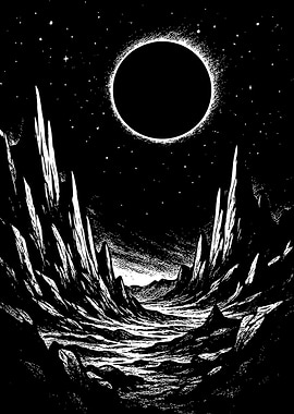 Monochrome Eclipse Landscape Art