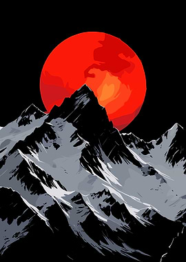 Red Moon Over Snowy Mountains
