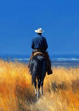 Cowboy on Horseback in Golden Field