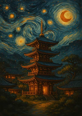 Pagoda under Starry Night Sky Painting