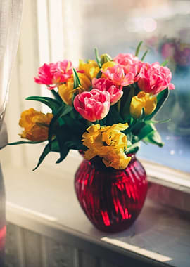 Tulips in Red Vase by Window