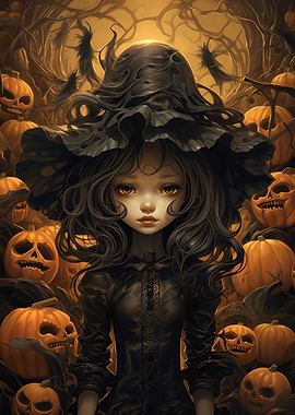 Halloween Witch Girl with Pumpkins