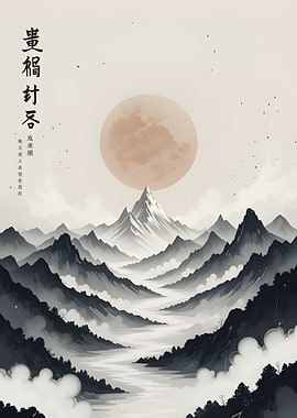 Asian Landscape with Mountains and Moon