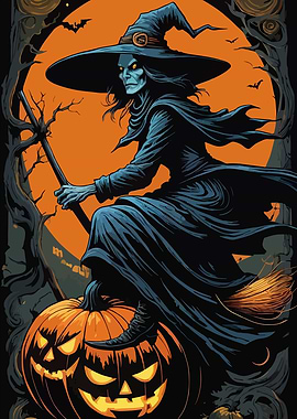 Witch riding pumpkin Halloween illustration