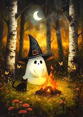 Ghost, Cat, and Campfire in Woods