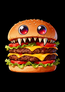 Cartoonish Monster Burger on Black Background