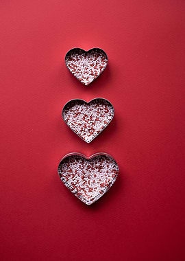 Three Hearts with Sprinkles on Red