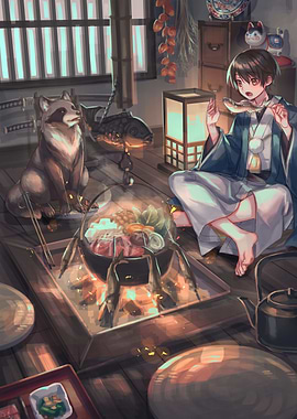 Anime Boy with Raccoon and Hotpot