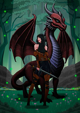Warrior Woman and Red Dragon in Forest