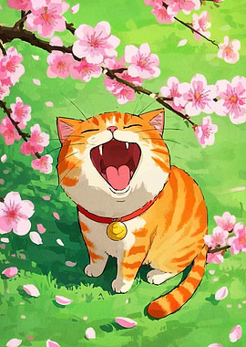 Happy Cat Under Cherry Blossoms