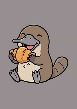 Cartoon Platypus Eating Croissant Illustration