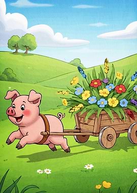 Cartoon Pig Pulling Flower